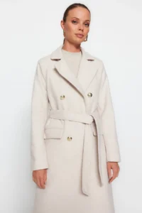 TRENDYOLMİLLA Stone Fitted Belted Gold buttoned LONG Woolly Bowl Overcoat - Image 4