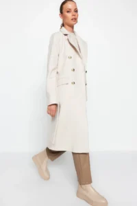 TRENDYOLMİLLA Stone Fitted Belted Gold buttoned LONG Woolly Bowl Overcoat - Image 5