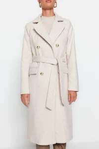 TRENDYOLMİLLA Stone Fitted Belted Gold buttoned LONG Woolly Bowl Overcoat - Image 6