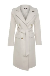 TRENDYOLMİLLA Stone Fitted Belted Gold buttoned LONG Woolly Bowl Overcoat - Image 7