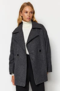 TRENDYOLMİLLA Anthracite herringbone Oversized Wide Cut Bowl Overcoat