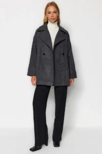 TRENDYOLMİLLA Anthracite herringbone Oversized Wide Cut Bowl Overcoat - Image 2
