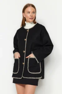 TRENDYOLMİLLA Black Embroidery Detailed  Overcoat - Image 3