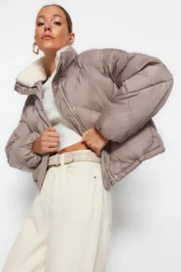 TRENDYOLMİLLA Mink Oversized Pattern Plush Collar Detailed Water Repellent Puffer Jacket Coat - Image 2