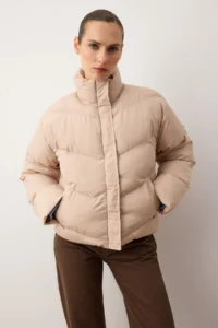 TRENDYOLMİLLA Beige Regular Pattern Water Repellent Puffer Jacket Coat - Image 3