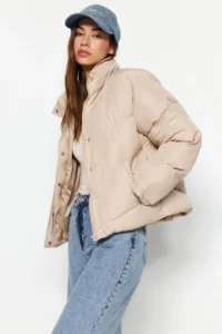 TRENDYOLMİLLA Beige Regular Pattern Water Repellent Puffer Jacket Coat - Image 6