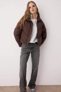 TRENDYOLMİLLA Brown Regular Pattern Water Repellent Puffer Jacket Coat - Image 2