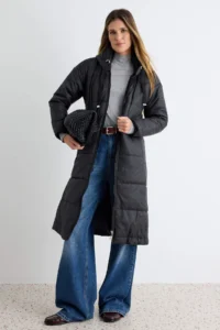 TRENDYOLMİLLA Black Regular Pattern Hooded Water Repellent LONG Puffer Jacket Coat