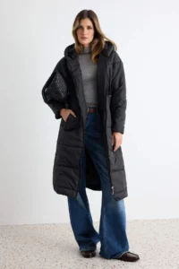 TRENDYOLMİLLA Black Regular Pattern Hooded Water Repellent LONG Puffer Jacket Coat - Image 5