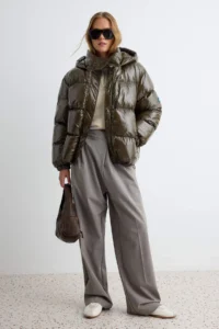 TRENDYOLMİLLA Dark Khaki Oversized Hooded Shiny Water Repellent Puffer Jacket Coat - Image 2