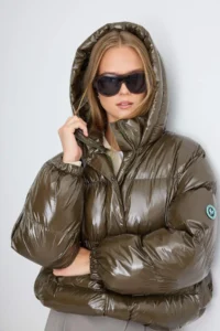 TRENDYOLMİLLA Dark Khaki Oversized Hooded Shiny Water Repellent Puffer Jacket Coat - Image 3