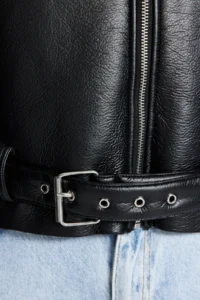 TRENDYOLMİLLA Black Regular Pattern Plush Detailed Faux Leather Biker Jacket Coat - Image 10