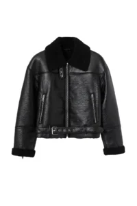 TRENDYOLMİLLA Black Regular Pattern Plush Detailed Faux Leather Biker Jacket Coat - Image 12