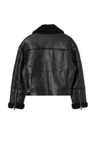 TRENDYOLMİLLA Black Regular Pattern Plush Detailed Faux Leather Biker Jacket Coat - Image 13