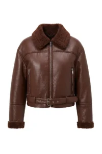 TRENDYOLMİLLA Dark Brown Regular Pattern Plush Detailed Faux Leather Biker Jacket Coat - Image 6