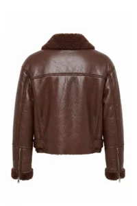 TRENDYOLMİLLA Dark Brown Regular Pattern Plush Detailed Faux Leather Biker Jacket Coat - Image 8