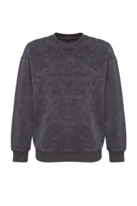 TRENDYOLMİLLA Anthracite Antique/Faded Effect Thick Pearl Detailed Regular Knitting Sweatshirt with Fleece Inside - Image 7