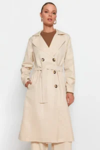 TRENDYOLMİLLA Beige Belted Water Repellent LONG Trench Coat - Image 14