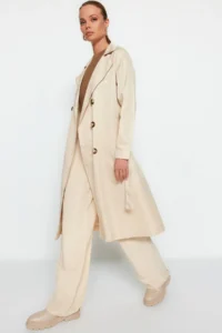 TRENDYOLMİLLA Beige Belted Water Repellent LONG Trench Coat - Image 15