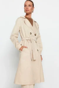 TRENDYOLMİLLA Beige Belted Water Repellent LONG Trench Coat - Image 16