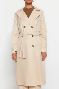 TRENDYOLMİLLA Beige Belted Water Repellent LONG Trench Coat - Image 17