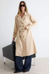 TRENDYOLMİLLA Beige Belted Water Repellent LONG Trench Coat - Image 2