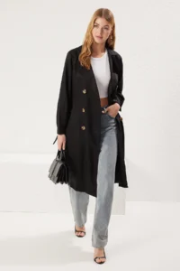 TRENDYOLMİLLA Black Belted Water Repellent LONG Trench Coat - Image 10