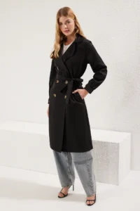 TRENDYOLMİLLA Black Belted Water Repellent LONG Trench Coat - Image 11