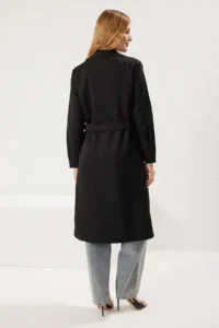 TRENDYOLMİLLA Black Belted Water Repellent LONG Trench Coat - Image 14
