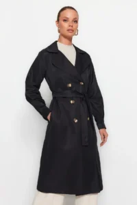 TRENDYOLMİLLA Black Belted Water Repellent LONG Trench Coat - Image 15