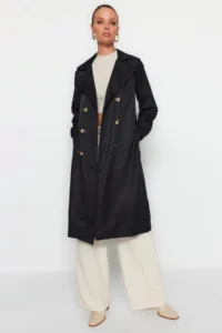 TRENDYOLMİLLA Black Belted Water Repellent LONG Trench Coat - Image 16