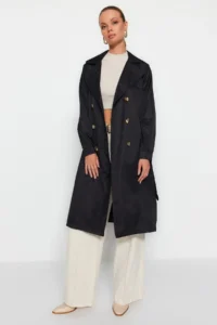 TRENDYOLMİLLA Black Belted Water Repellent LONG Trench Coat - Image 17