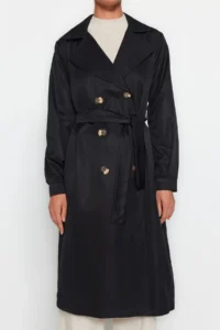 TRENDYOLMİLLA Black Belted Water Repellent LONG Trench Coat - Image 18