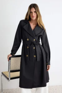 TRENDYOLMİLLA Black Belted Water Repellent LONG Trench Coat - Image 3