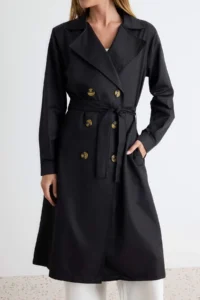 TRENDYOLMİLLA Black Belted Water Repellent LONG Trench Coat - Image 4