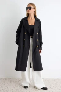 TRENDYOLMİLLA Black Belted Water Repellent LONG Trench Coat - Image 6