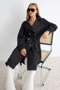 TRENDYOLMİLLA Black Belted Water Repellent LONG Trench Coat - Image 7