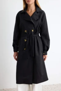 TRENDYOLMİLLA Black Belted Water Repellent LONG Trench Coat - Image 8