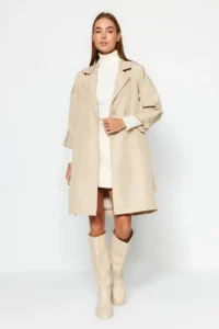 TRENDYOLMİLLA Beige Oversized Belted Water Repellent LONG Trench Coat