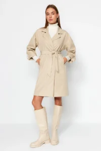 TRENDYOLMİLLA Beige Oversized Belted Water Repellent LONG Trench Coat - Image 2