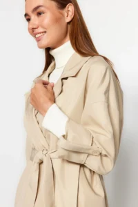 TRENDYOLMİLLA Beige Oversized Belted Water Repellent LONG Trench Coat - Image 3