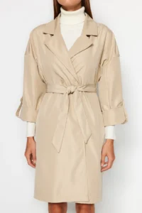 TRENDYOLMİLLA Beige Oversized Belted Water Repellent LONG Trench Coat - Image 4