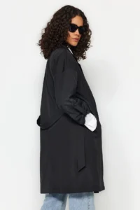 TRENDYOLMİLLA Black Oversized Belted Water Repellent LONG Trench Coat - Image 10