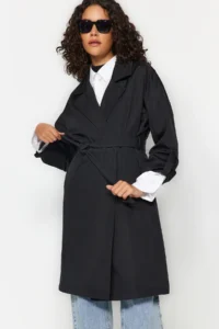 TRENDYOLMİLLA Black Oversized Belted Water Repellent LONG Trench Coat - Image 11
