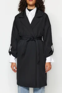 TRENDYOLMİLLA Black Oversized Belted Water Repellent LONG Trench Coat - Image 14
