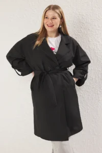 TRENDYOLMİLLA Black Oversized Belted Water Repellent LONG Trench Coat - Image 15