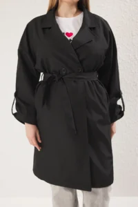 TRENDYOLMİLLA Black Oversized Belted Water Repellent LONG Trench Coat - Image 16