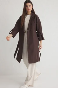 TRENDYOLMİLLA Brown Oversized Belted Water Repellent LONG Trench Coat