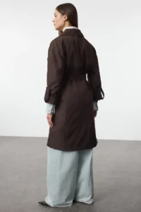 TRENDYOLMİLLA Brown Oversized Belted Water Repellent LONG Trench Coat - Image 10