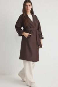 TRENDYOLMİLLA Brown Oversized Belted Water Repellent LONG Trench Coat - Image 2